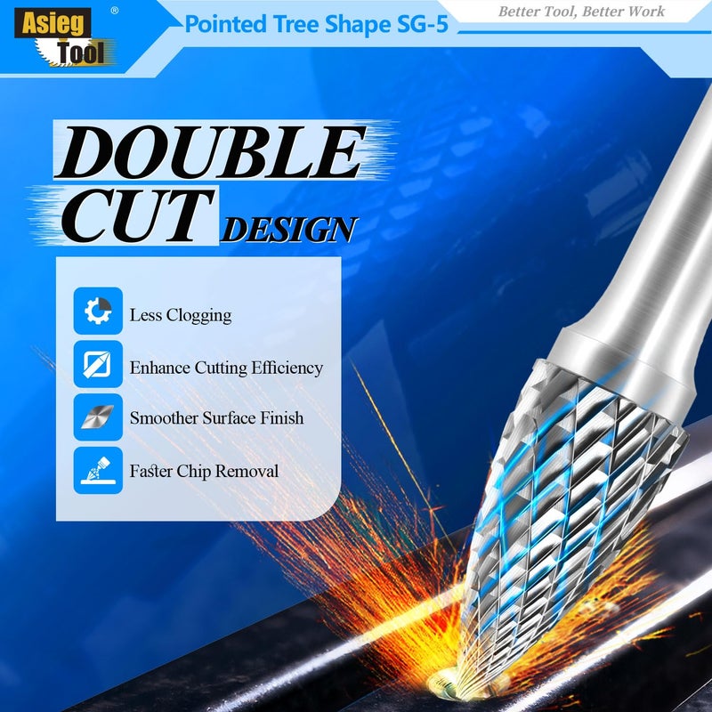 Asieg Tool SG-5 Tungsten Carbide Burr Rotary File Pointed Tree Shape Double Cut with 1/4''Shank for Die Grinder Drill Bit - Image 4